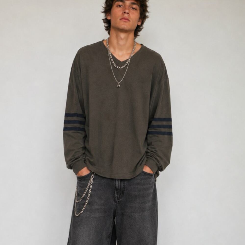 Vintage 90 Grunge Route 66 Large Brown V-Neck Thermal Long Sleeve Shirt Academia